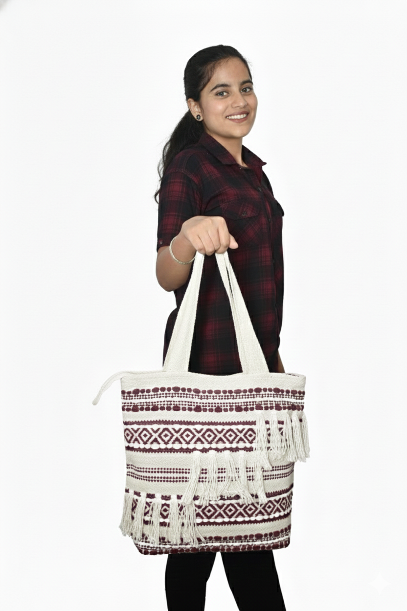 Cotton Handloomed Shopping Bag | assorted multicoloured & Textured pattern | large size | women