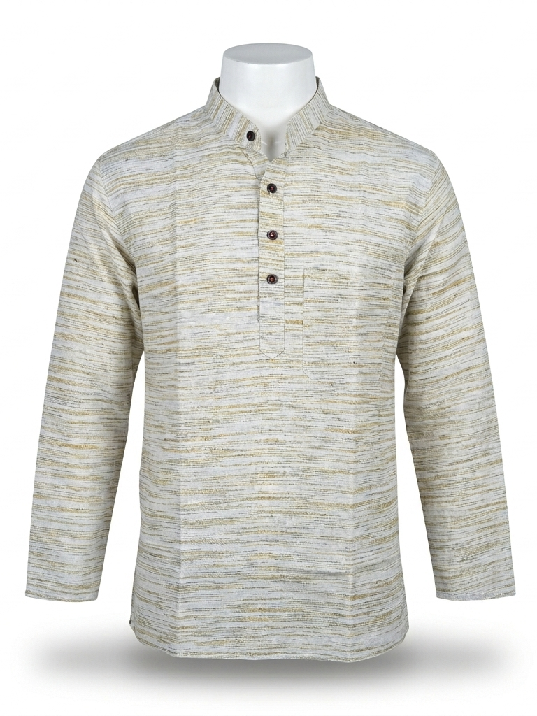 Men | Jharna Khadi Short Ethnic Kurta | full sleeve | chest and side pockets | striped & textured pattern