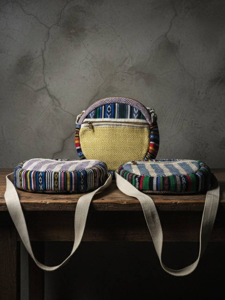 Cotton 9" Round Sling Bag | assorted multicoloured & Textured pattern | women