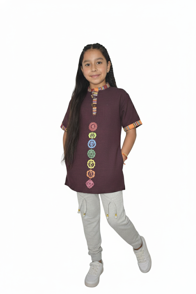 Kids | Himalayan Patti Printed Khadi Kurta | half sleeve | waist length | 7-Chakra print