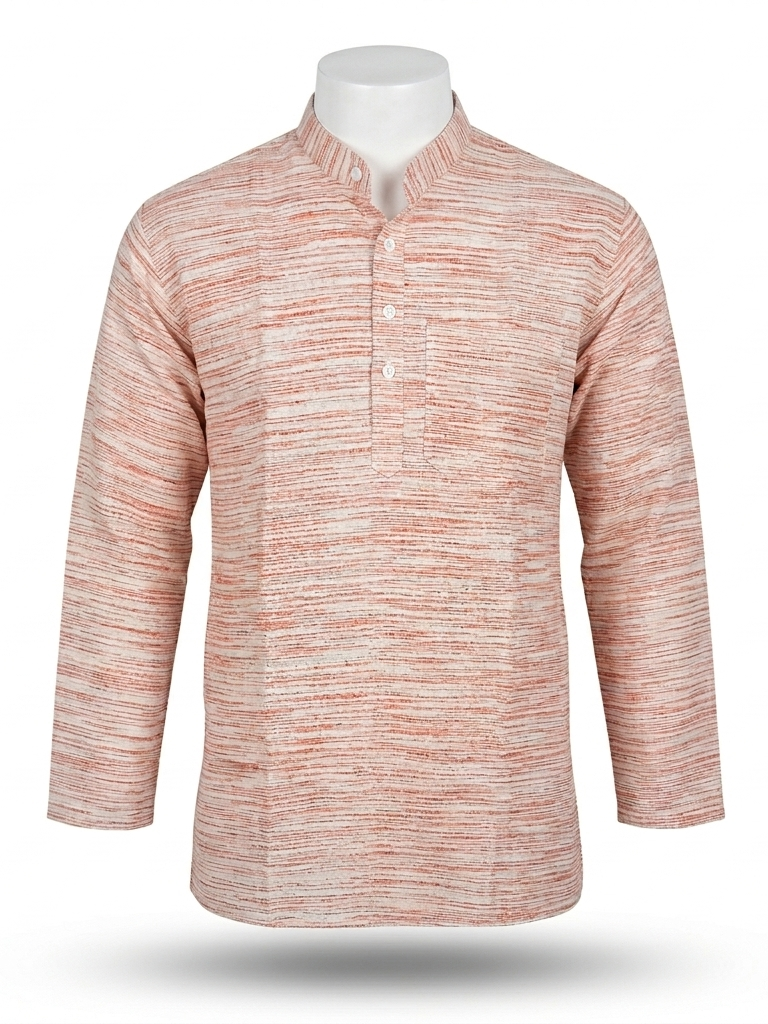 Men | Jharna Khadi Short Ethnic Kurta | full sleeve | chest and side pockets | striped & textured pattern