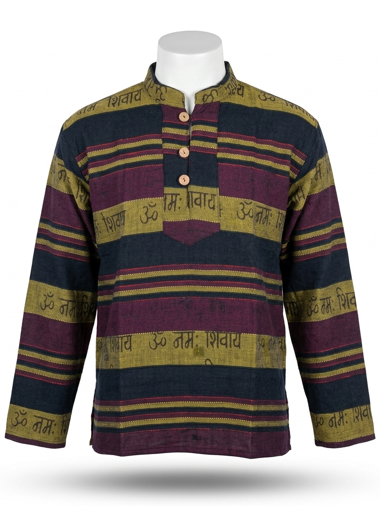 Unisex | Striped Grandad Cotton Shirt | Indian Boho style Kurta | kangaroo pocket | block print | multicolored