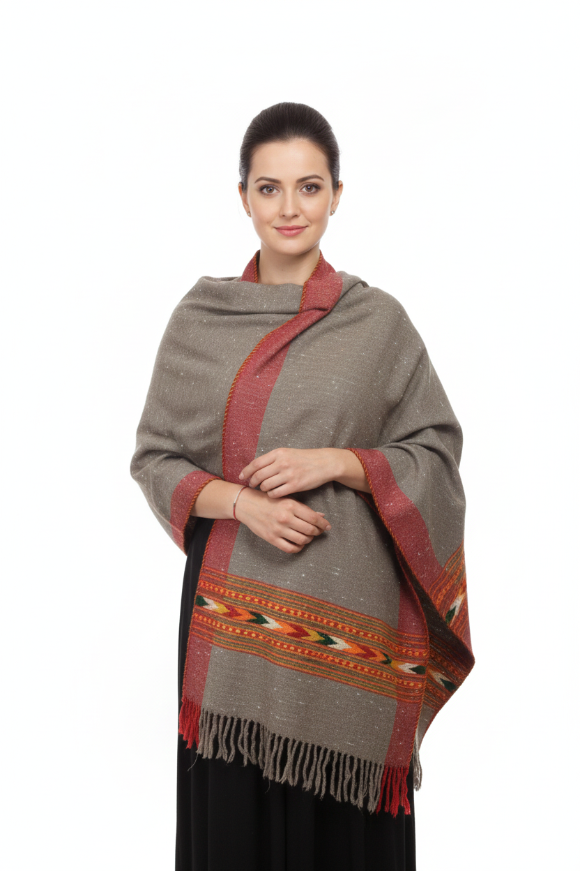Women | Traditional Kullu Patti Pure Wool + Angora Stole | GI Tagged | Kattu Design with Doru | handloomed