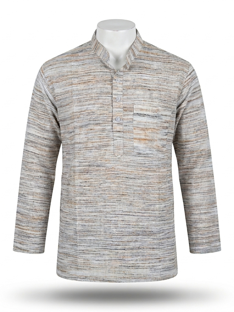 Men | Jharna Khadi Short Ethnic Kurta | full sleeve | chest and side pockets | striped & textured pattern