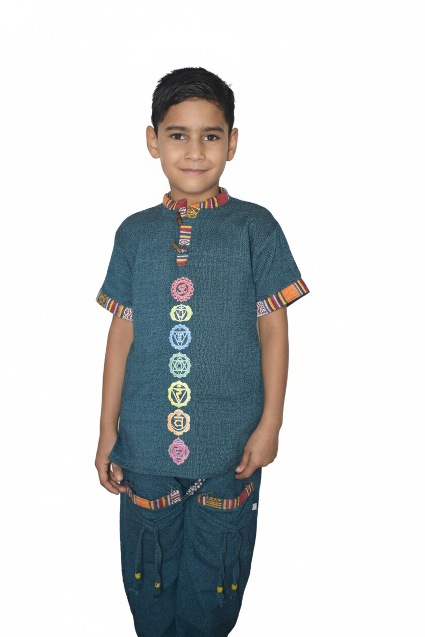 Kids | Himalayan Patti Printed Khadi Kurta | half sleeve | waist length | 7-Chakra print