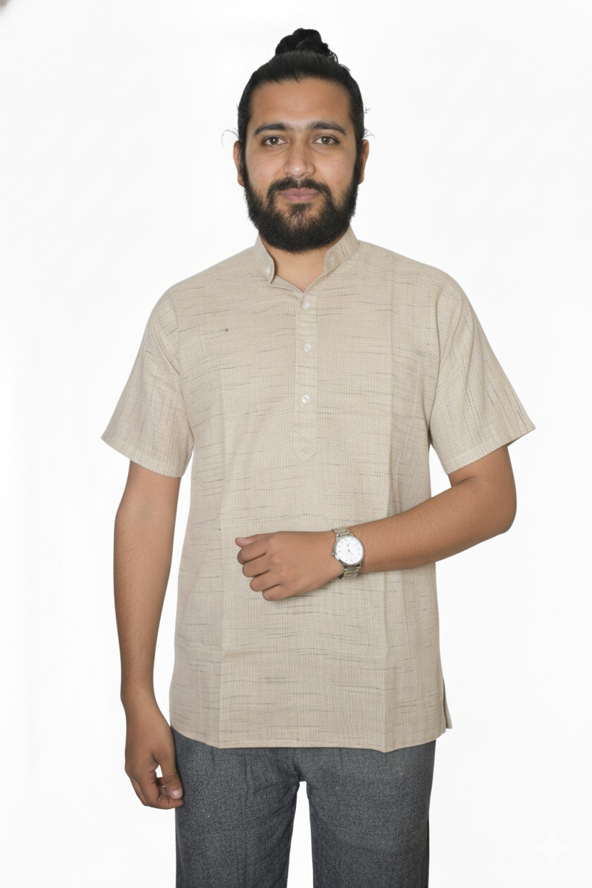 Men | Matka Khadi Cotton Short Ethnic Kurta | half sleeve | chest and side pockets | handloomed