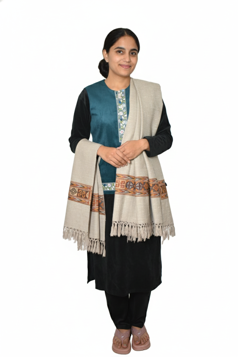 Women | Traditional Kullu Wool + Angora Shawl | GI Tagged | 1-Patti Design | handloomed
