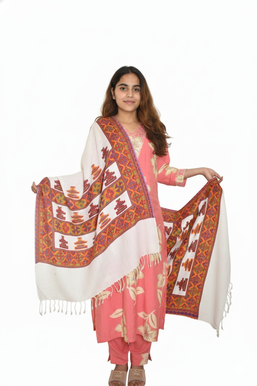 Unisex | Traditional Kinnauri Border Woolen Stole | temple border design | printed