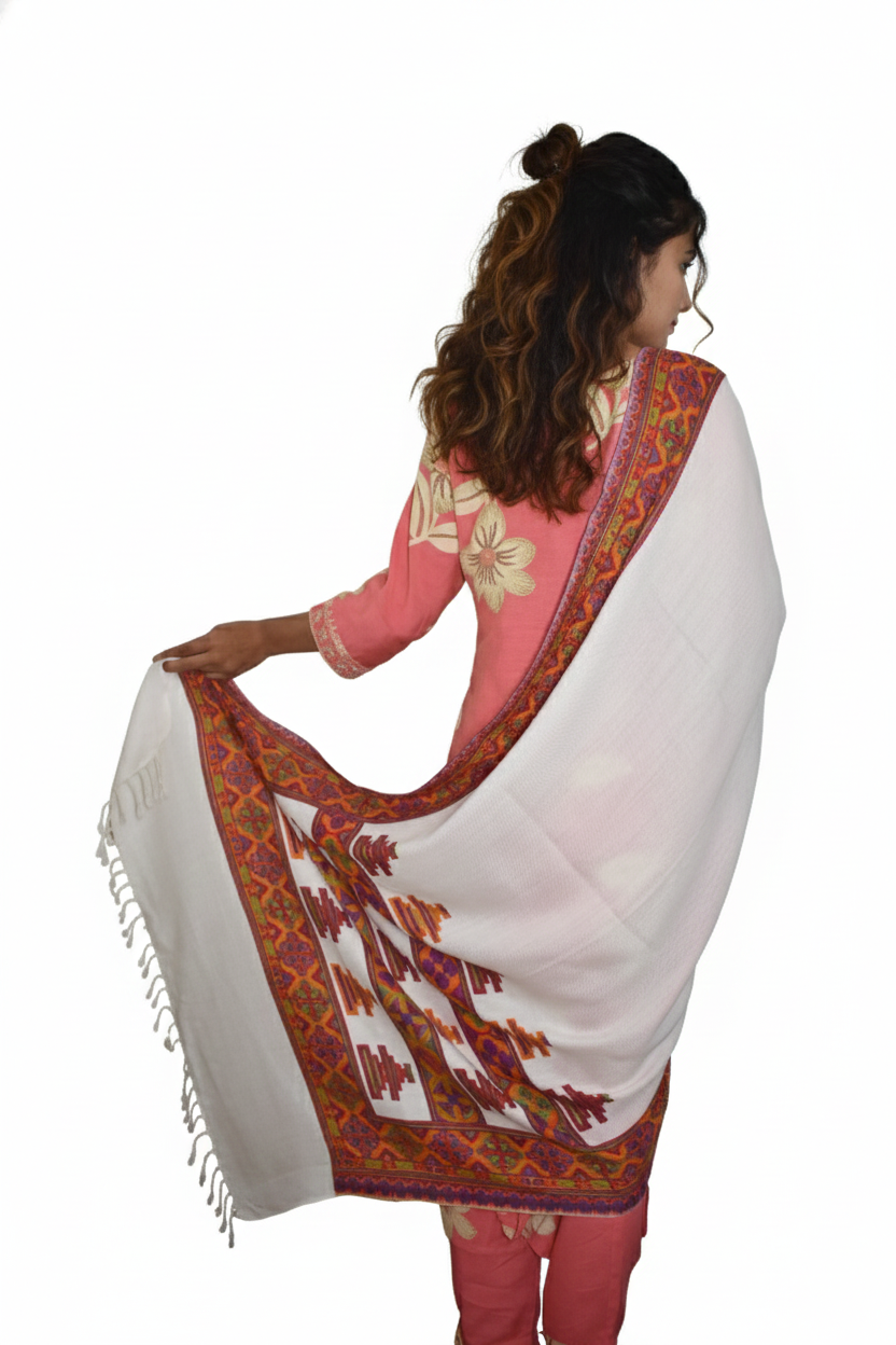 Unisex | Traditional Kinnauri Border Woolen Stole | temple border design | printed