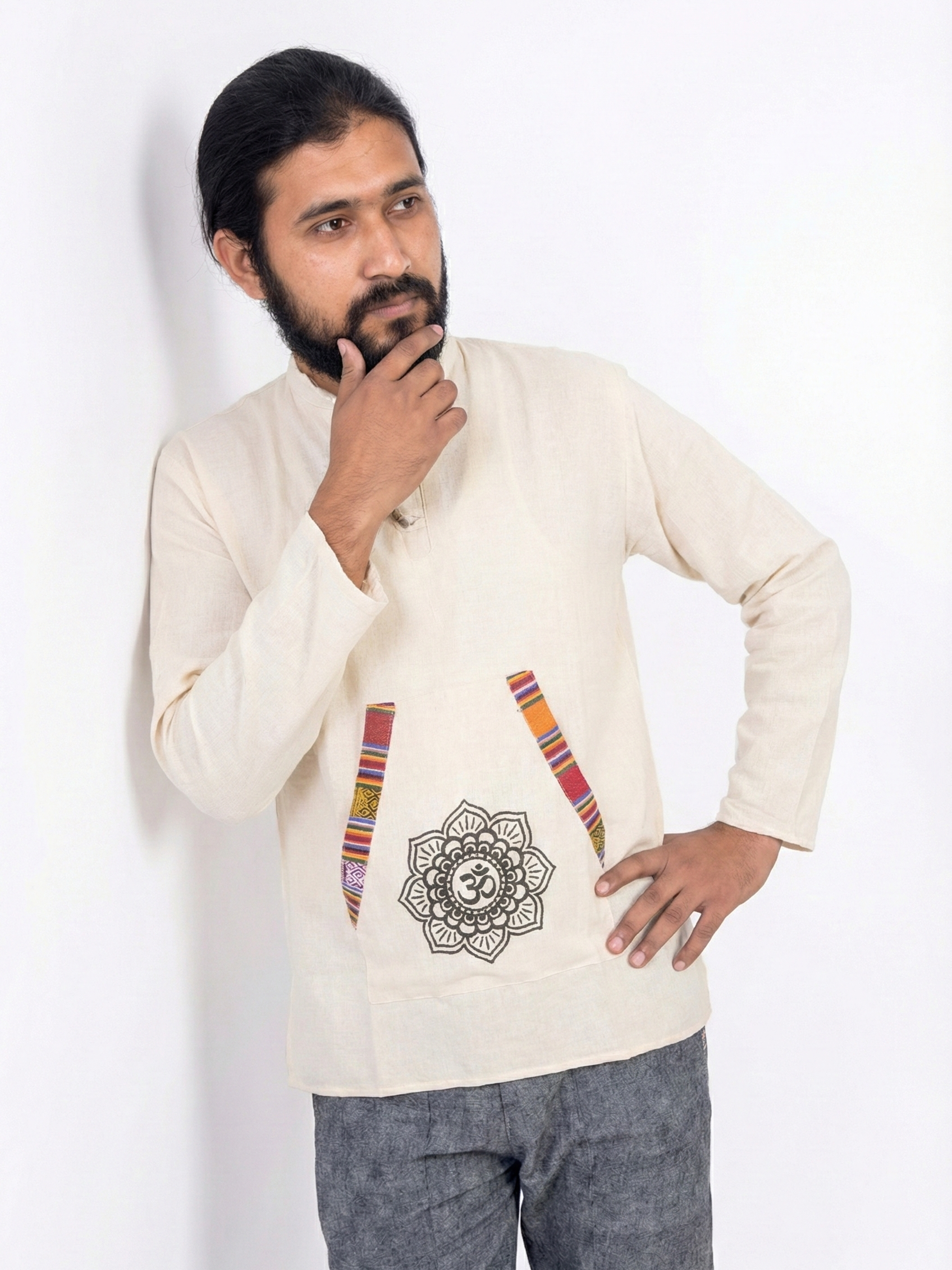 Unisex | Himalayan Patti Khadi Kurta | full sleeve | kangaroo pocket | block print