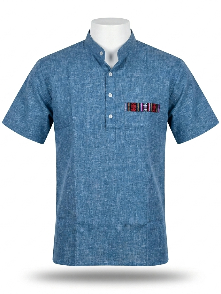 Men | Linen-blended Cotton Short Ethnic Kurta | half sleeve | chest and side pockets | textured pattern