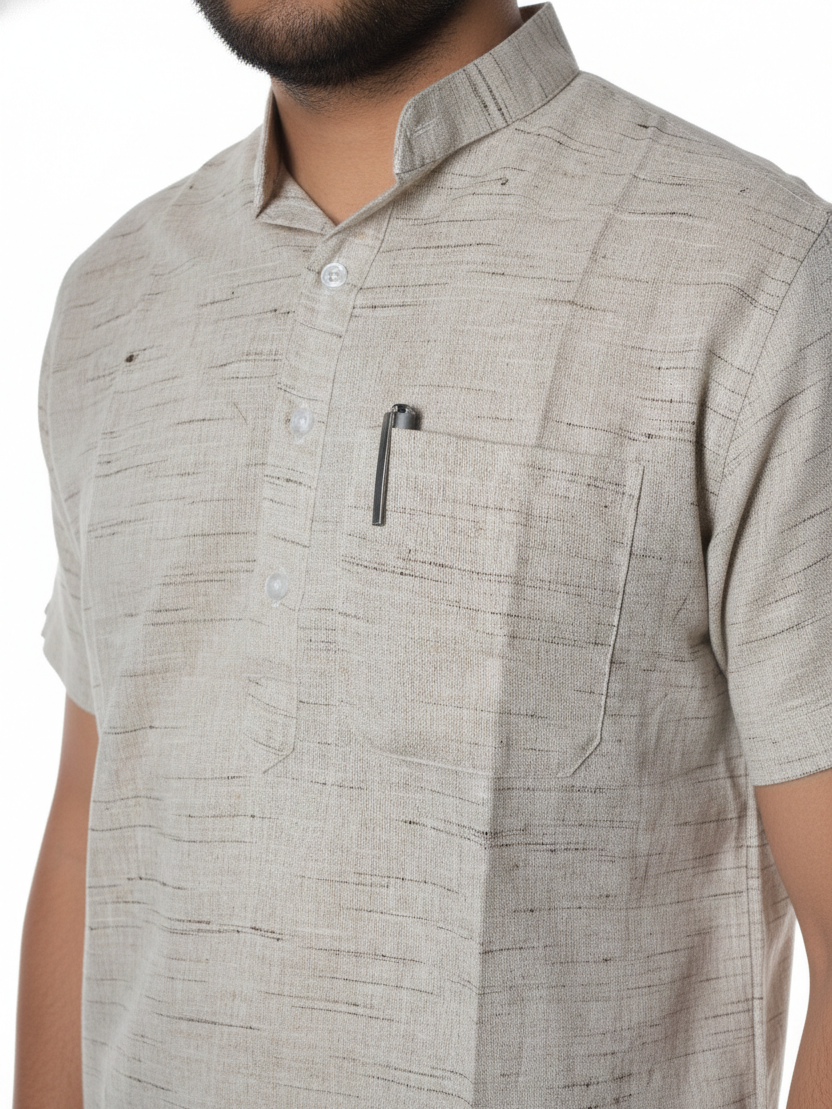 Men | Matka Khadi Cotton Short Ethnic Kurta | half sleeve | chest and side pockets | handloomed