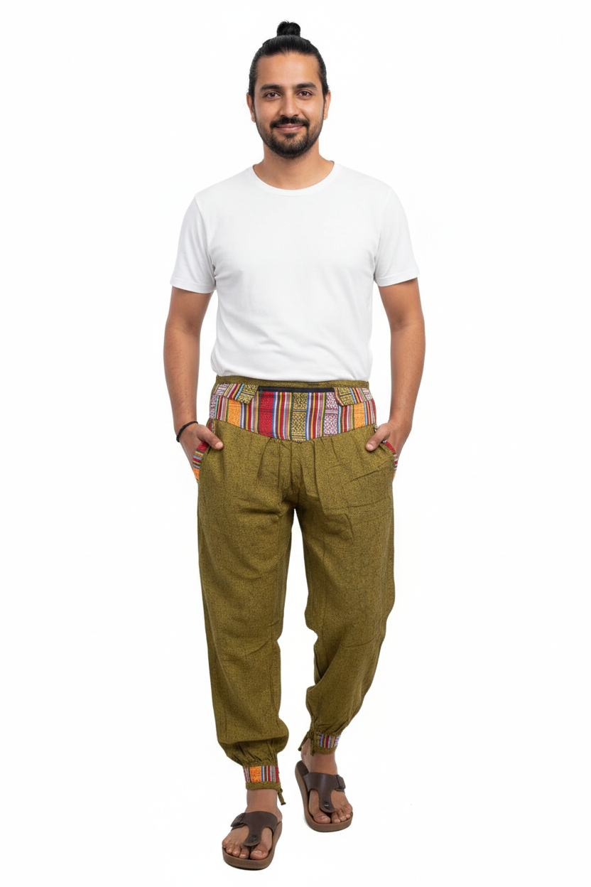 Unisex | Himalayan Patti Khadi Bottom Tie Pant | Bhutani/ Nepali trim | zipped money belt