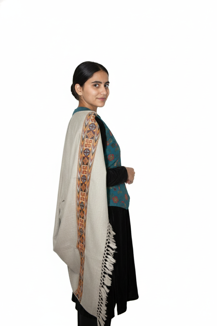 Women | Traditional Kullu Wool + Angora Shawl | GI Tagged | 1-Patti Design | handloomed
