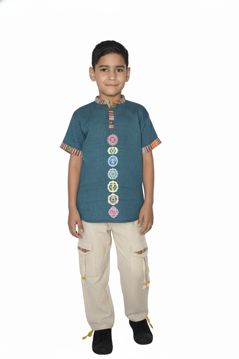 Kids | Himalayan Patti Printed Khadi Kurta | half sleeve | waist length | 7-Chakra print