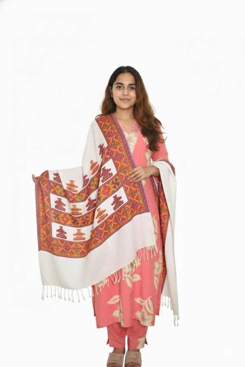 Unisex | Traditional Kinnauri Border Woolen Stole | temple border design | printed