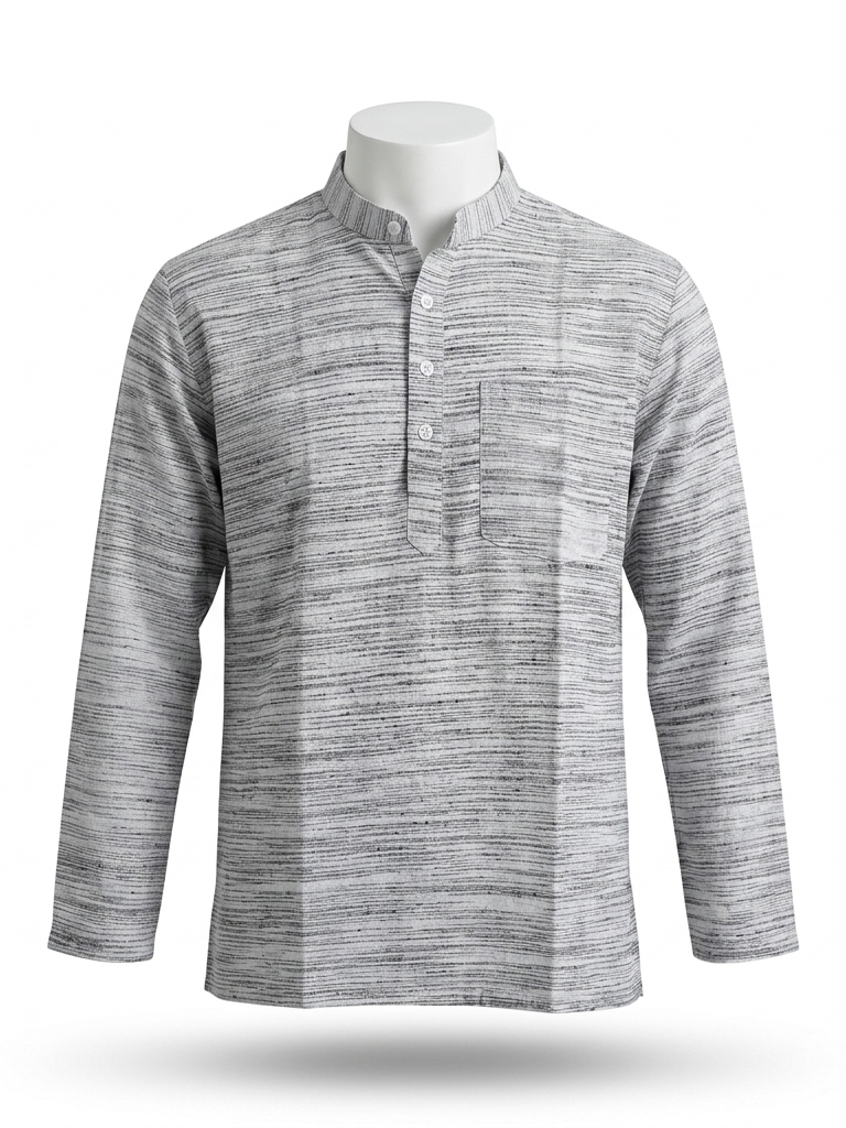 Men | Jharna Khadi Short Ethnic Kurta | full sleeve | chest and side pockets | striped & textured pattern
