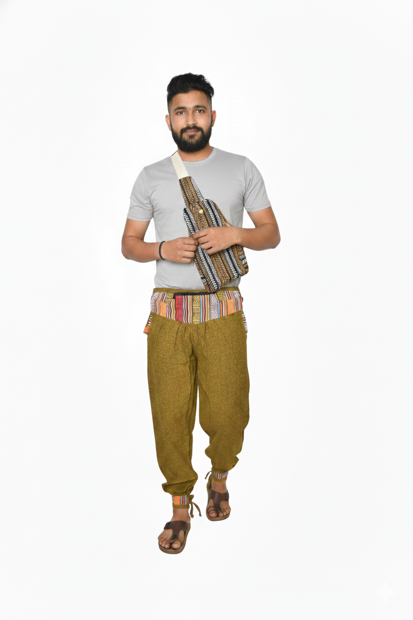 Unisex | Himalayan Patti Khadi Bottom Tie Pant | Bhutani/ Nepali trim | zipped money belt