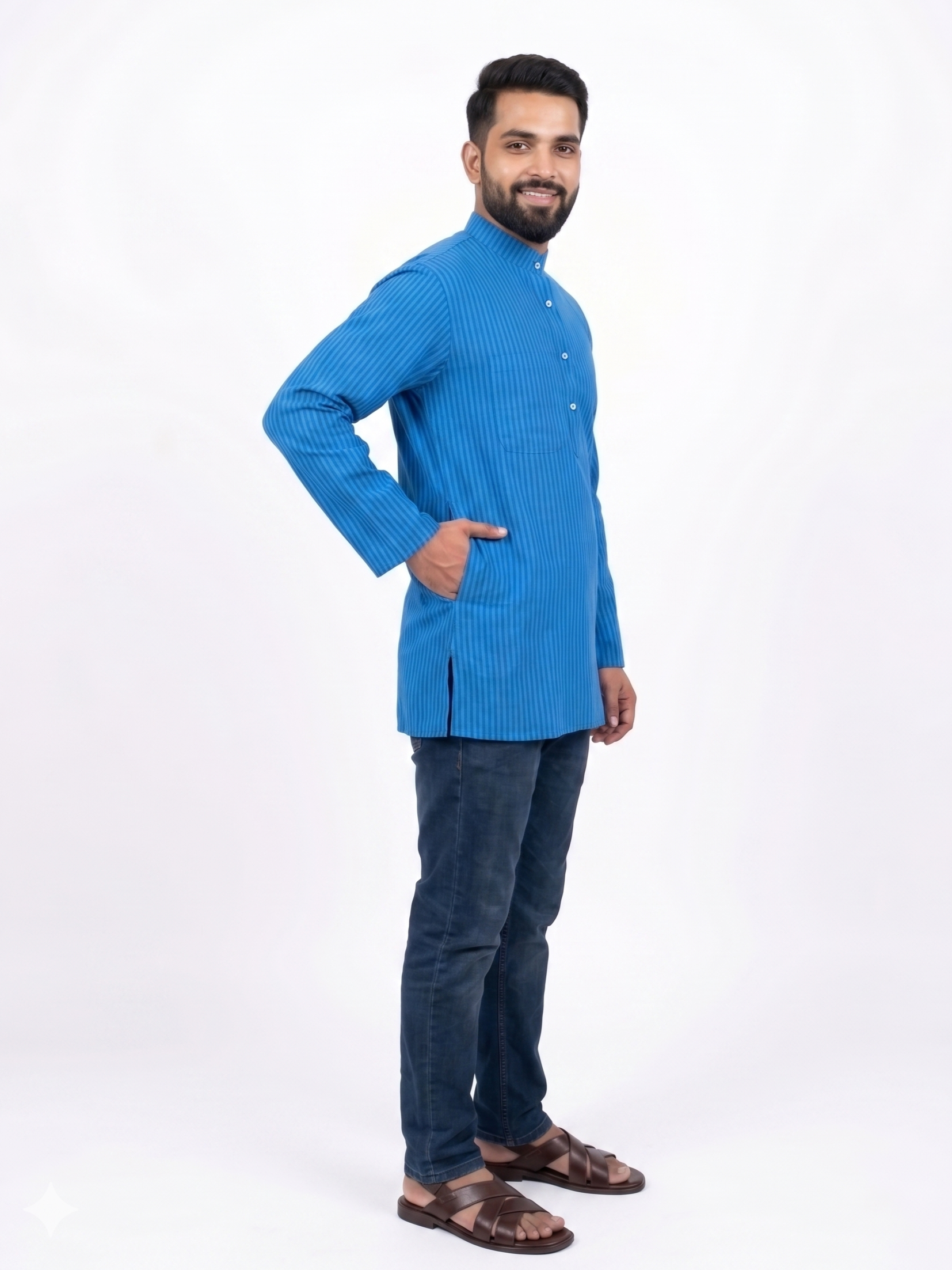 Men | Striped Khadi Short Ethnic Kurta | full sleeve | chest and side pockets | dual-color pattern