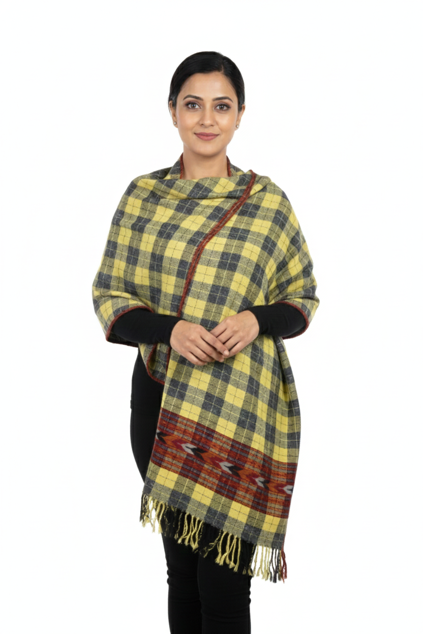 Women | Traditional Kullu Patti Pure Wool + Angora Stole | GI Tagged | Kattu Design with Doru | handloomed