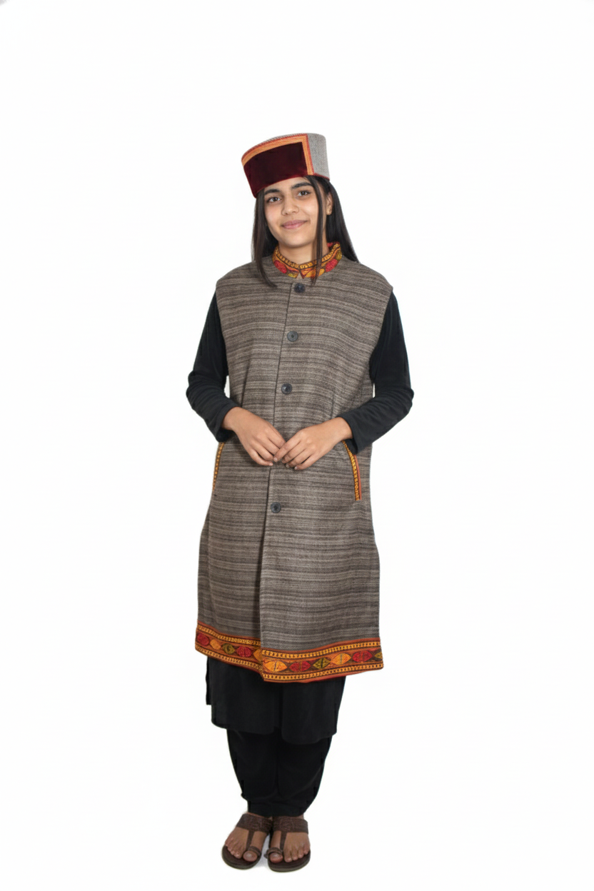Women | Traditional Woolen Long Coat | Himachali Kullu Patti design | textured