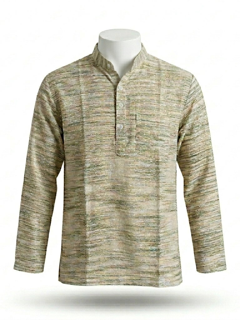 Men | Jharna Khadi Short Ethnic Kurta | full sleeve | chest and side pockets | striped & textured pattern