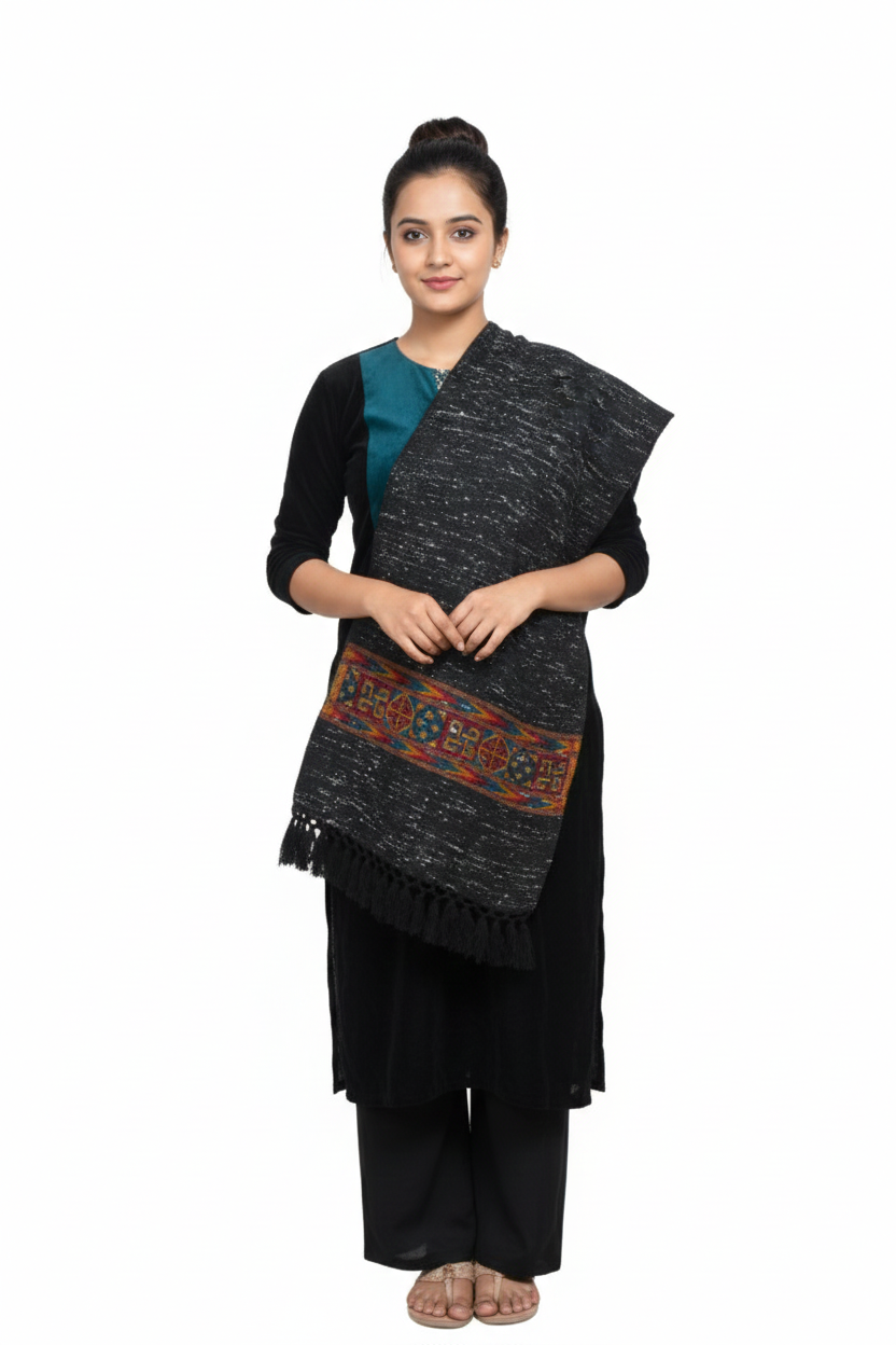 Women | Traditional Kullu Wool + Angora Shawl | GI Tagged | 1-Patti Design | handloomed