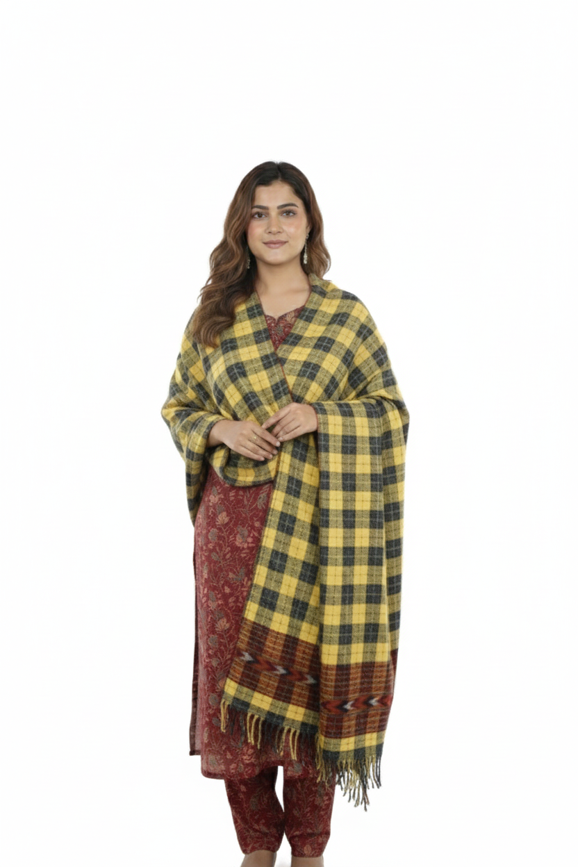 Women | Traditional Kullu Patti Pure Wool + Angora Stole | GI Tagged | Kattu Design with Doru | handloomed