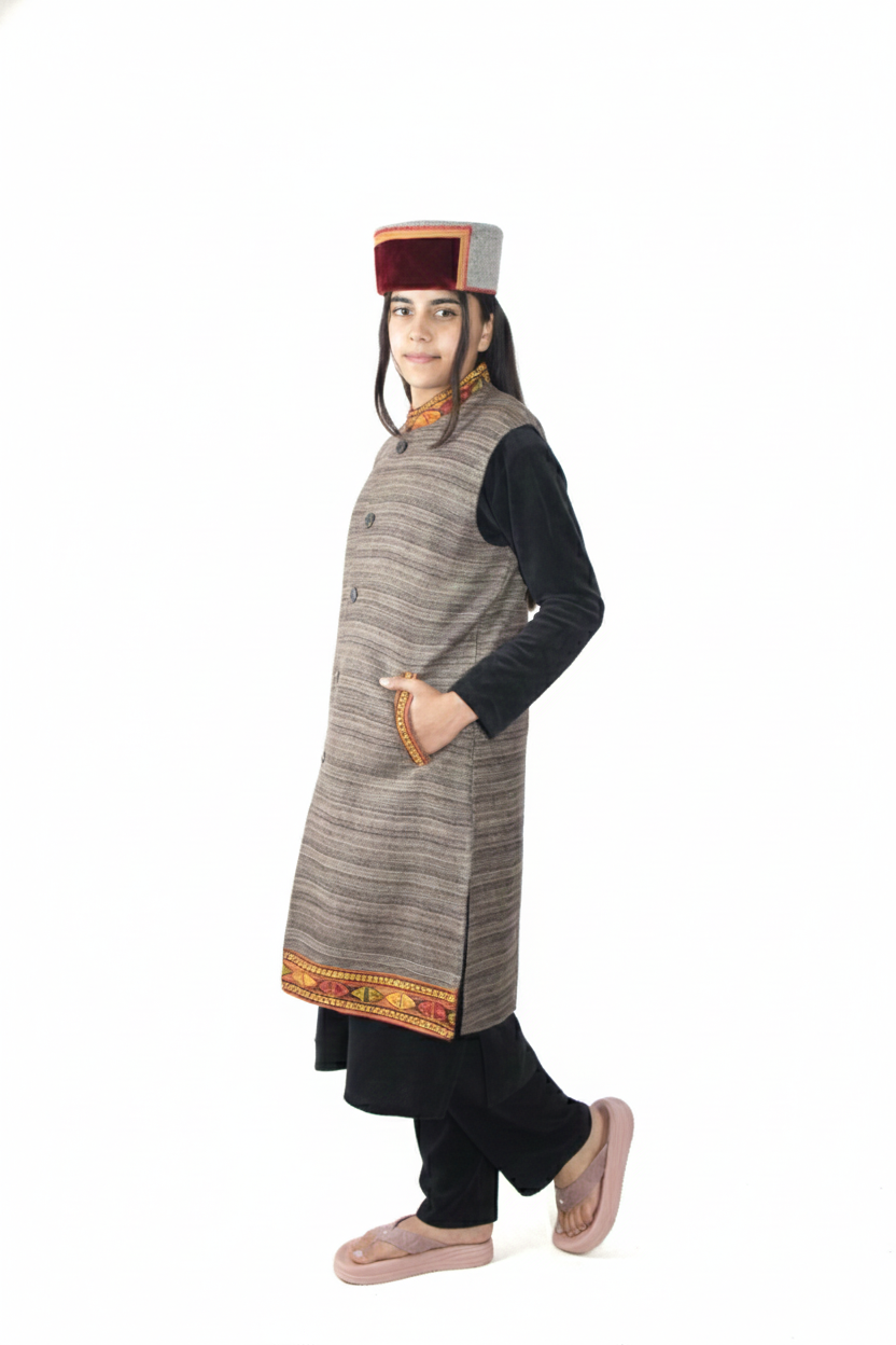 Women | Traditional Woolen Long Coat | Himachali Kullu Patti design | textured