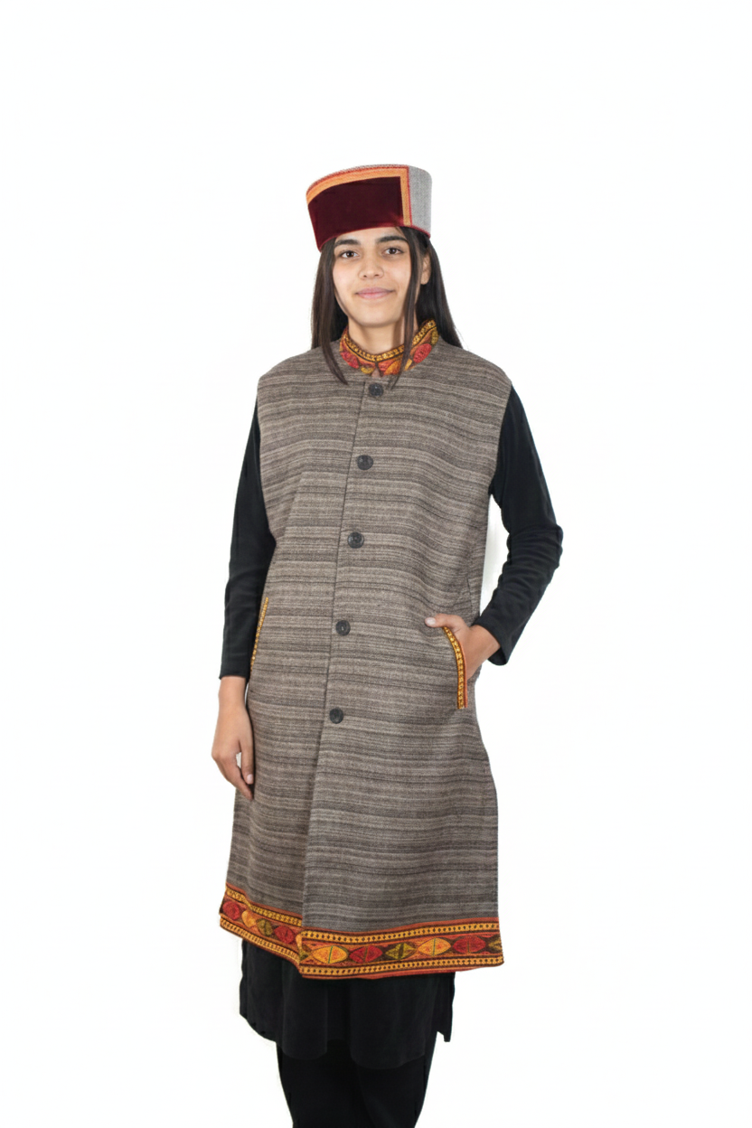 Women | Traditional Woolen Long Coat | Himachali Kullu Patti design | textured