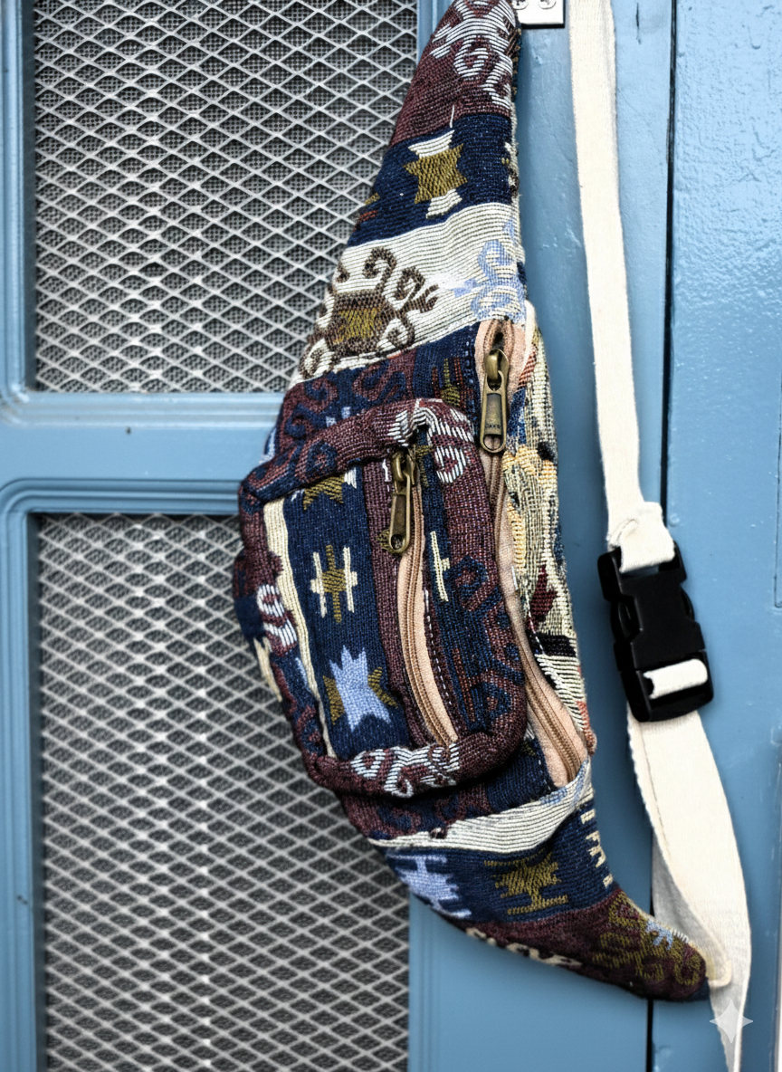 Cotton Waist Bag/ Fanny Pack| assorted multicoloured & textured Belgium pattern | men