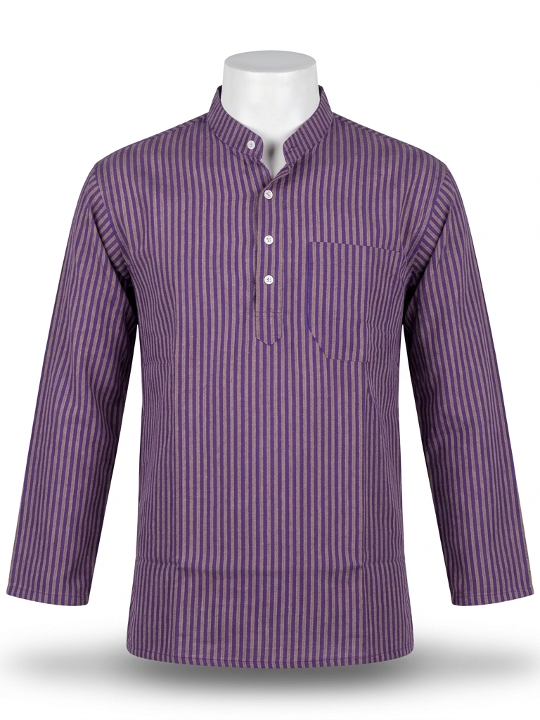 Men | Striped Khadi Short Ethnic Kurta | full sleeve | chest and side pockets | dual-color pattern
