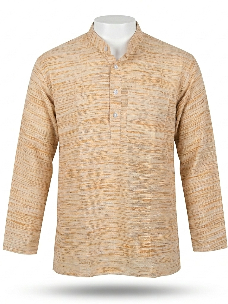 Men | Jharna Khadi Short Ethnic Kurta | full sleeve | chest and side pockets | striped & textured pattern