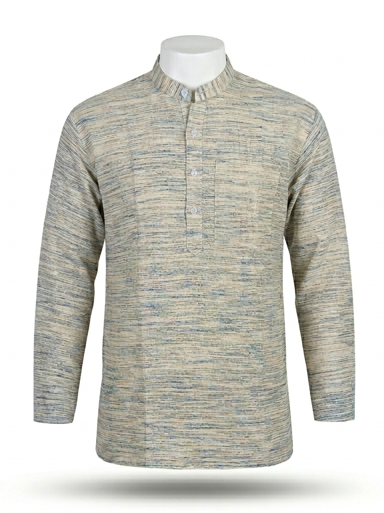 Men | Jharna Khadi Short Ethnic Kurta | full sleeve | chest and side pockets | striped & textured pattern