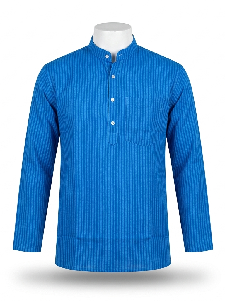 Men | Striped Khadi Short Ethnic Kurta | full sleeve | chest and side pockets | dual-color pattern