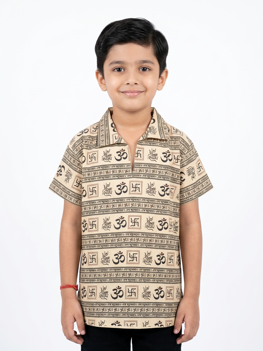 Kids | 'Om' printed Cotton Kurta | half sleeve | religious motifs